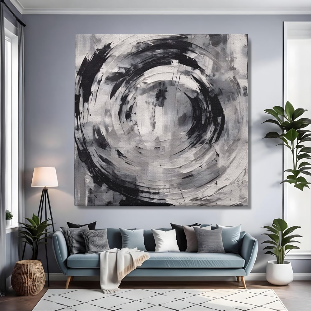 Tablou canvas cu tablou canvas cu cerc abstract, fara rama, pe sasiu de lemn, pe perete intr-un living
